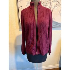 Izod Womens Burgundy Cable Knit Full Zip Mock Neck Cardigan Sweater Size Medium